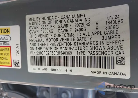 2024 Honda Civic Sport from USA, damaged, VIN 2HGFE2F50RH540369